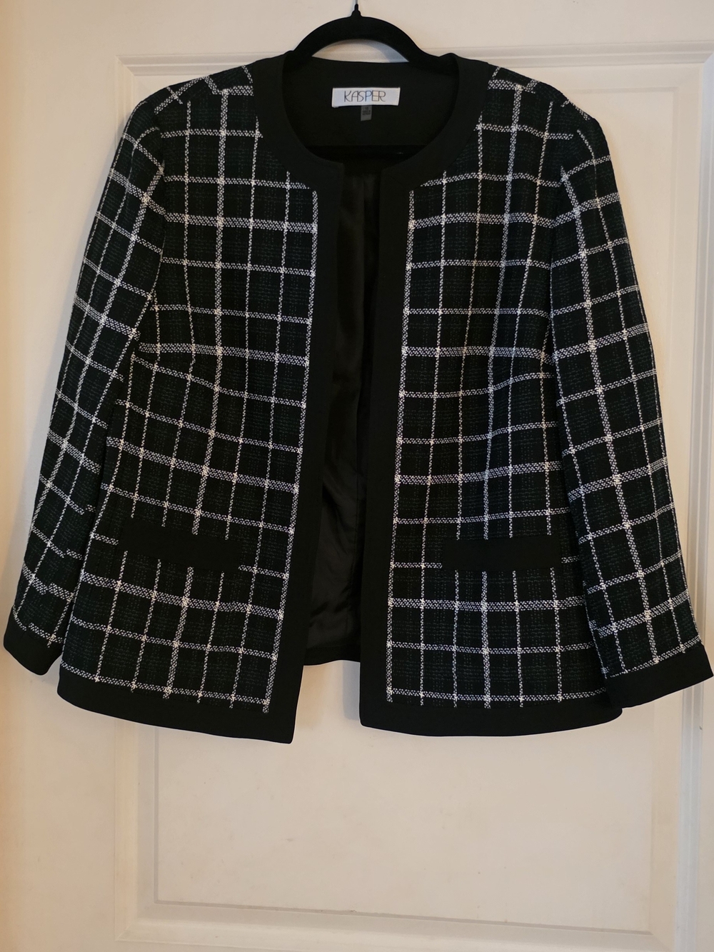 Kasper Black and White Windowpane Tweed Open-Front Jacket